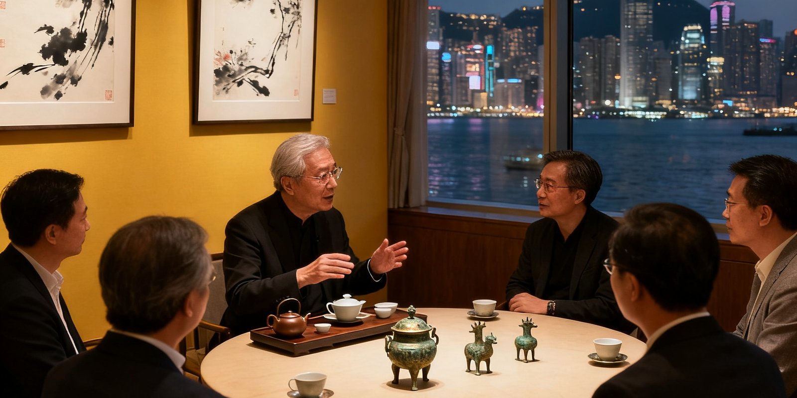 一间布置雅致的私人沙龙空间，圆桌上摆放着茶具和几件小型青铜器，五六位藏家围坐交谈，一位资深顾问正在讲解藏品背后的历史故事，墙上悬挂着两幅近现代水墨画，窗外是香港维多利亚港的夜景。