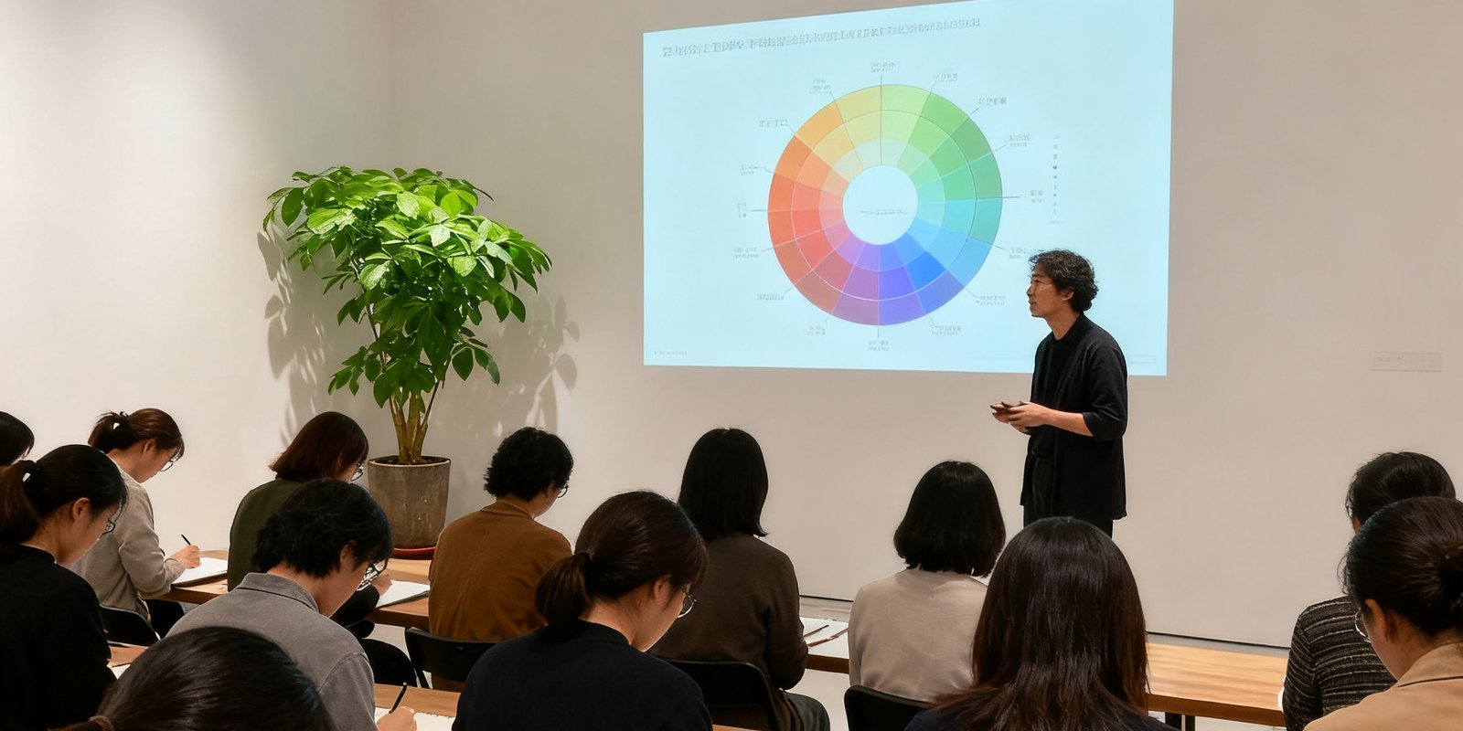 一场以当代审美为主题的艺术美学讲座现场，主讲人在投影屏幕前分享色彩理论，台下约三十位听众认真记录笔记，空间布置简约而有格调，绿植点缀其间，体现了绿色健康生活方式的倡导。
